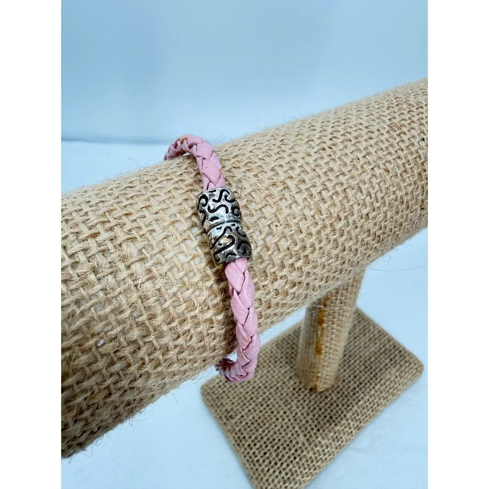 Pink Braided Woven Leather Bracelet Silver Plated Tube w/ Pink Crystals Boho OS